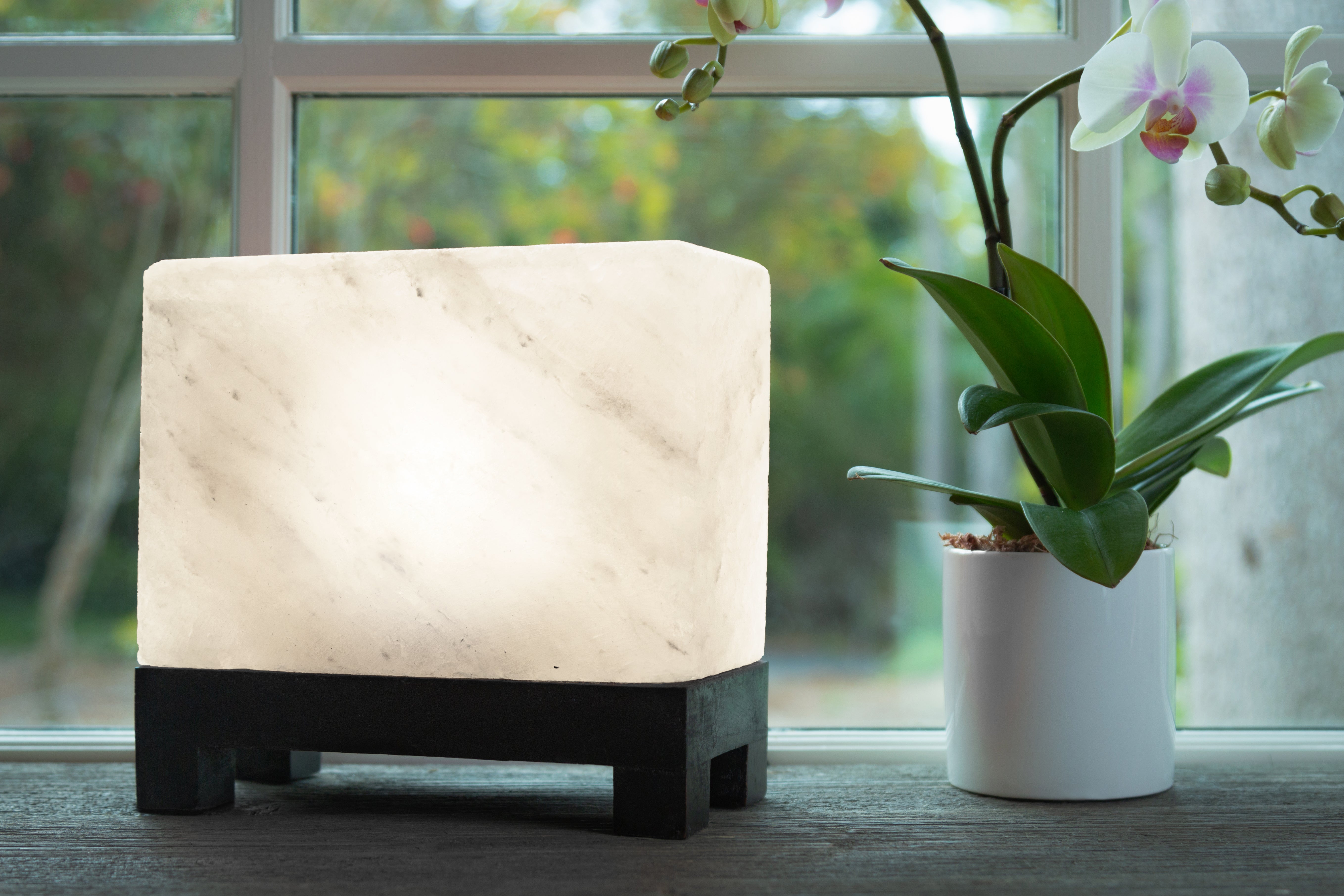 100% Authentic Natural Himalayan Salt Lamp; Hand-Carved Modern Rectangle in Rare White Crystal Rock Salt from The Himalayan Mountains; Footed Wood Base, UL-Listed Dimmer Cord + Extra Bulb; 11.5 lbs